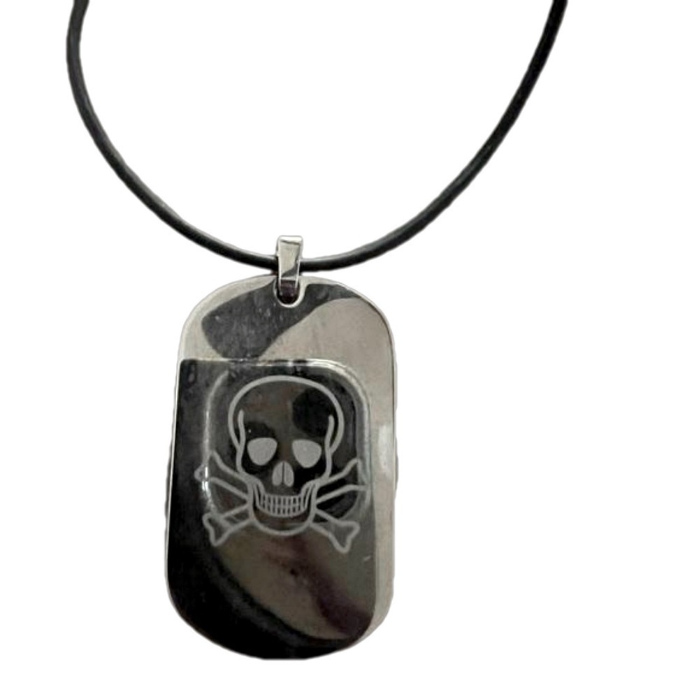Skull and Crossbones Dog Tag Pendant on Black leather cord 14in